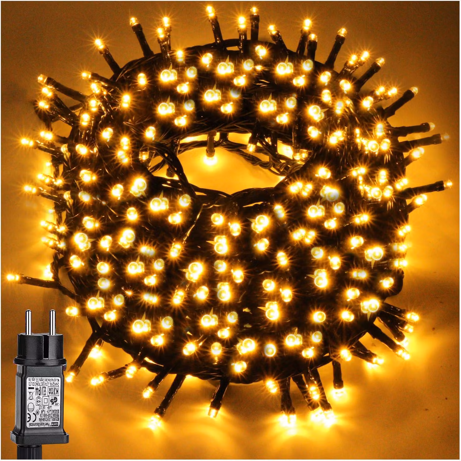 Catena luminosa da 30 metri, luce bianco caldo, 300 LED, 8 modalità, con spina