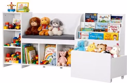 Panca Portagiocattoli VEVOR in Legno Bianco con Scaffale per Libri e Contenitore, Panca da Lettura con Schienale per Bambini, L: 170 cm, P: 40 cm, H: 80 cm