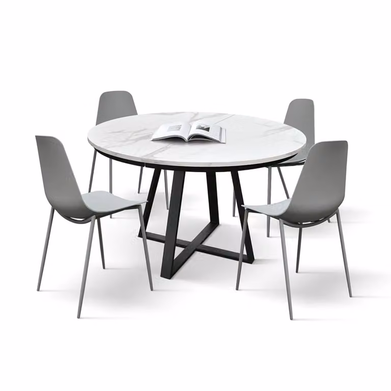 Tavolo rotondo PANTELLERIA in legno, finitura bianco statuario con base a X in metallo antracite, allungabile Ø120xH75,3 cm – 170x120x75,3 cm