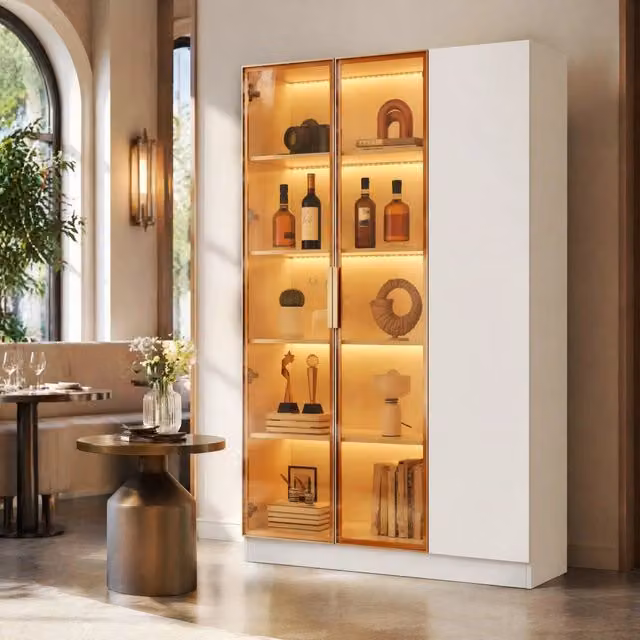 Vetrina a 3 ante con LED multicolore; 110x35x165 cm; in MDF e truciolare; bianco