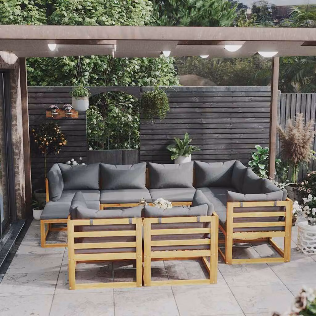 vidaXL Set Divani da Giardino 10 pz in Legno di Acacia con Cuscini Grigi e Tavolino da Esterno – 1