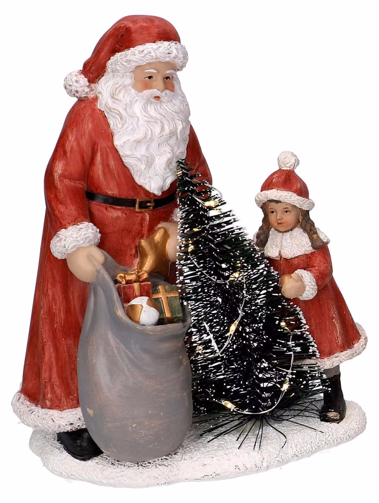 Statua resina babbo natale con bambina rosso con led cm 15x11xh18,5