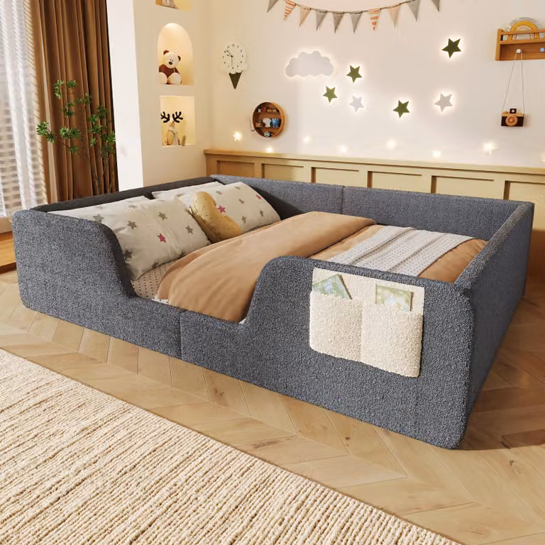 MODFU Letto per bambini 140 x 190 cm. Letto imbottito con sponde laterali removibili, protezione imbottita perimetrale, tasca in tessuto e spazio contenitivo. Colore: beige velluto, senza materasso. Disponibile anche in grigio