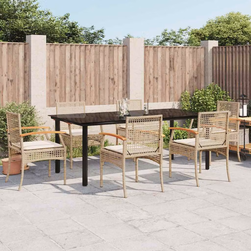 Set da pranzo da giardino vidaXL in polyrattan con tavolo in vetro e 7 pezzi con cuscini beige