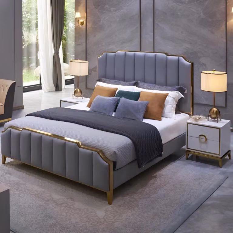 Modernes Design Bett 180x200 Leder Metall Betten Doppel Schlaf Zimmer Hotel Ehe