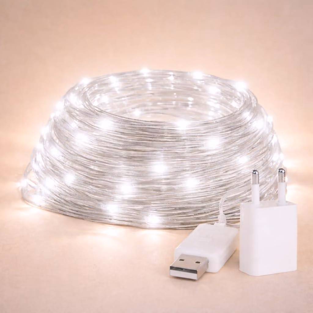 Catena luminosa a LED per esterni, 15 metri, luce bianca fredda, 7000 K, grado di protezione IP65, alimentazione USB