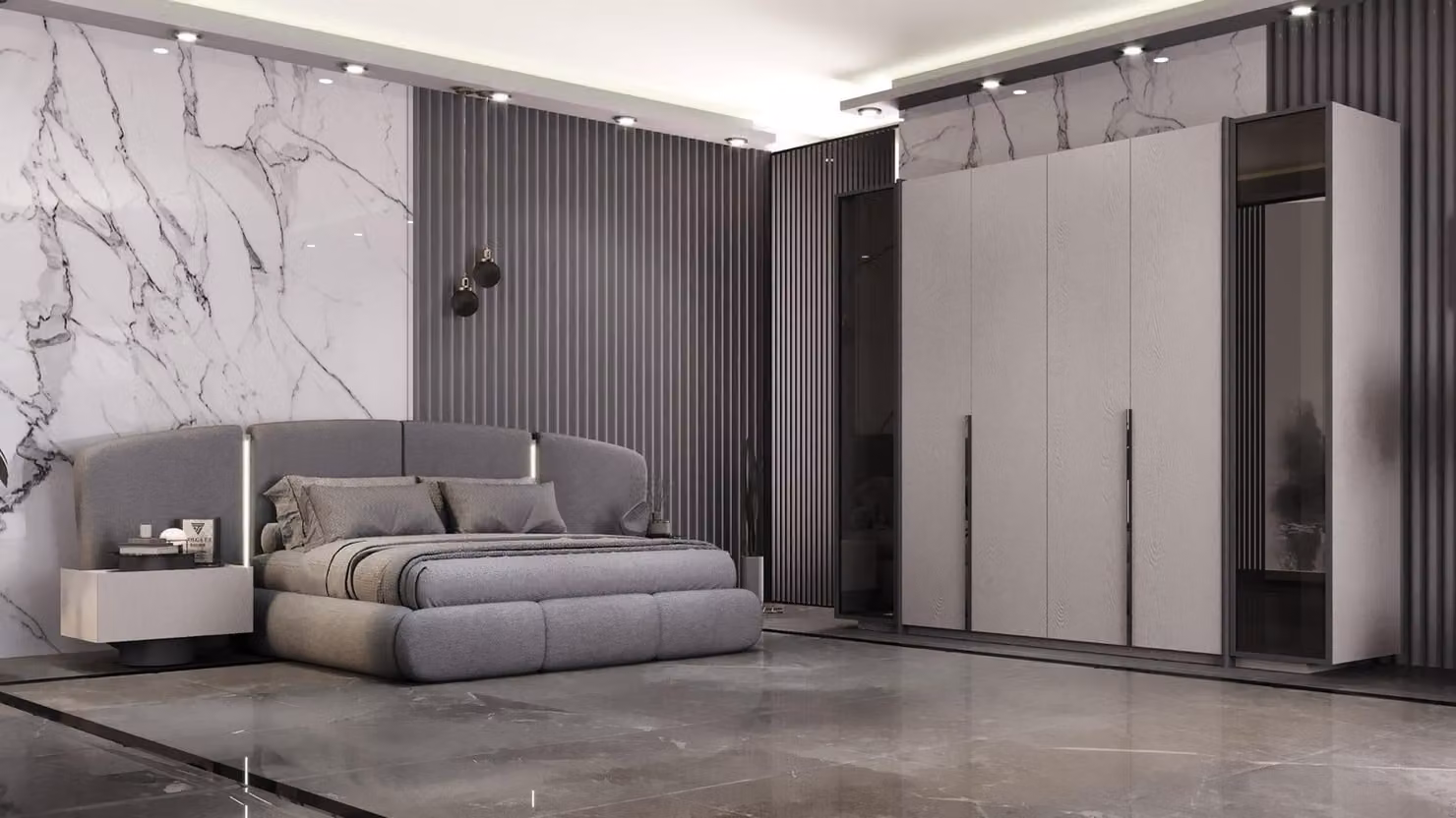 Set da camera da letto: letto imbottito, 2 comodini e armadio – Grigio