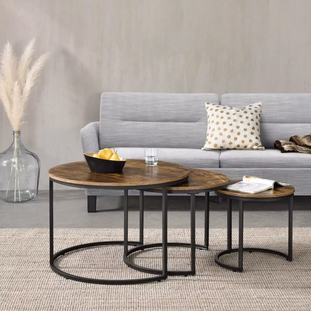 Set di 3 Tavolini Sovrapponibili Arvidsjaur en.casa con Piani Rotondi in Legno Scuro e Finitura Opaca – 2