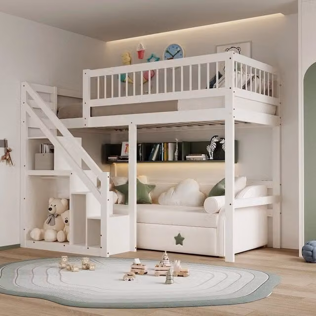 Letto a castello in legno massello per bambini - Xylo - 90x200 cm - Bianco - Con scala e armadio