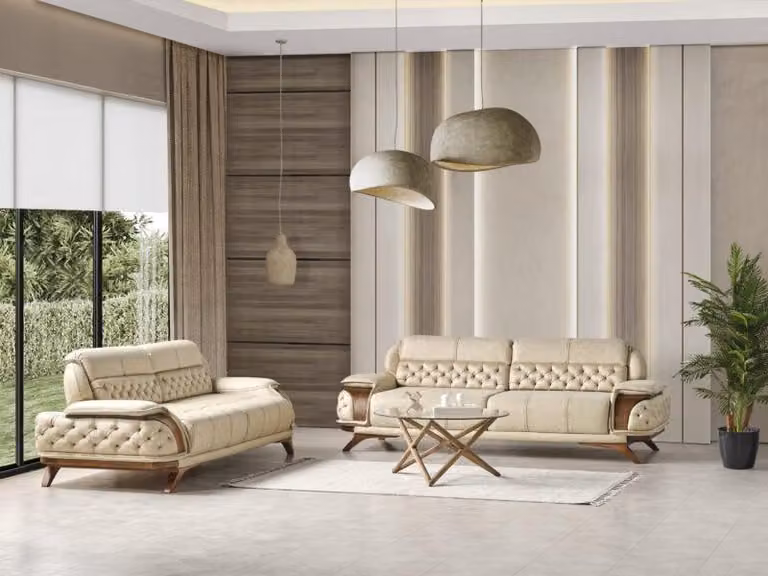 Moderne Beige Wohnzimmer Textil Couchgarnitur Designer Polstersofas
