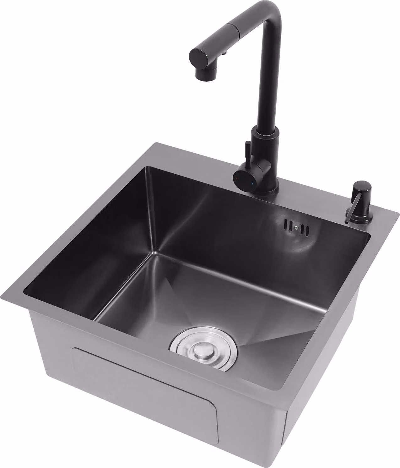Lavello da cucina 45x45 cm - Lavello da appoggio con un solo vano - Acciaio inossidabile nano - Con miscelatore estraibile - Con dispenser per sapone - Nero