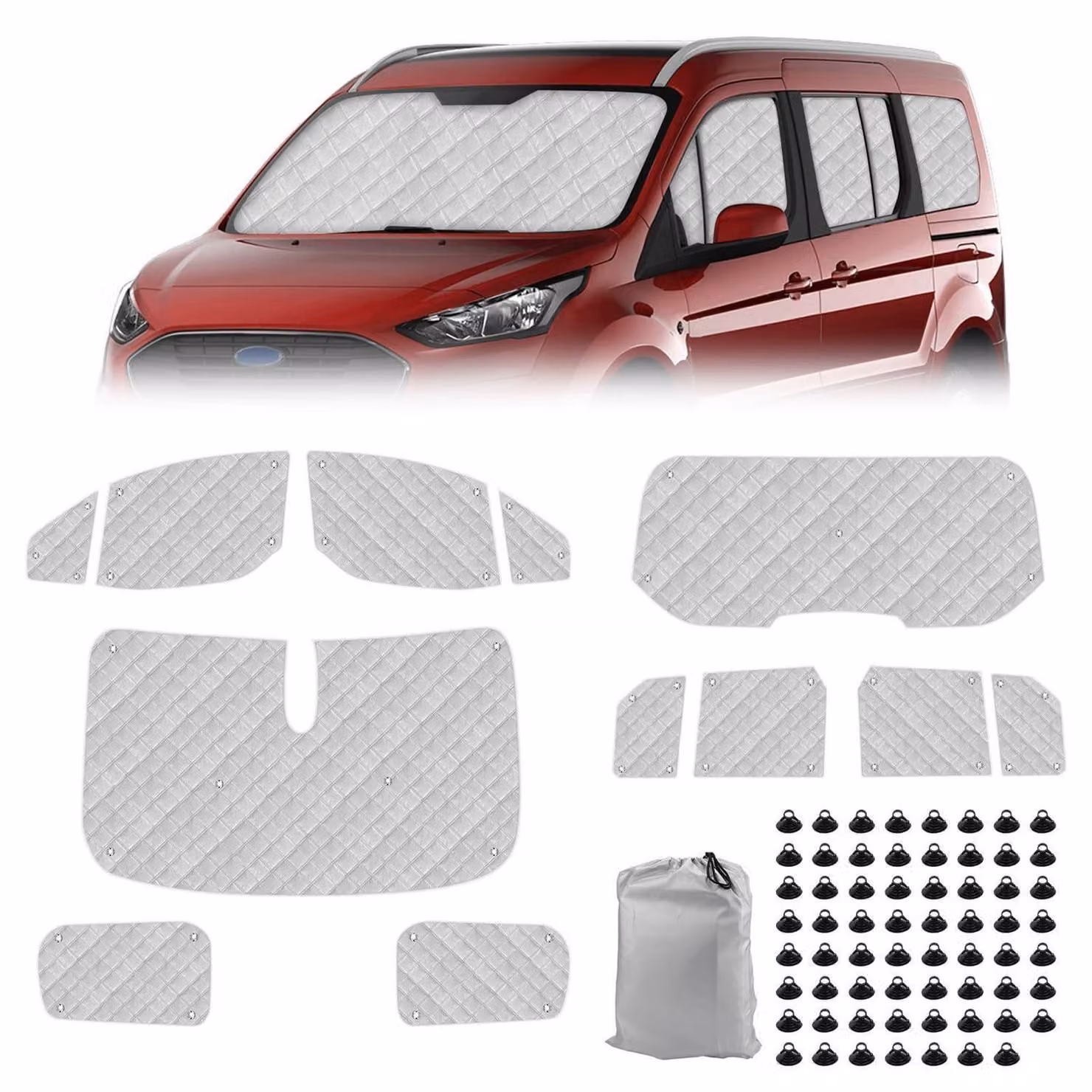 Tappetini termici per l'abitacolo, set da 12 pezzi, per Ford Tourneo Connect dal 2012 al 2022 (versione a passo lungo), con protezione UV e solare, per garantire privacy e controllo della temperatura