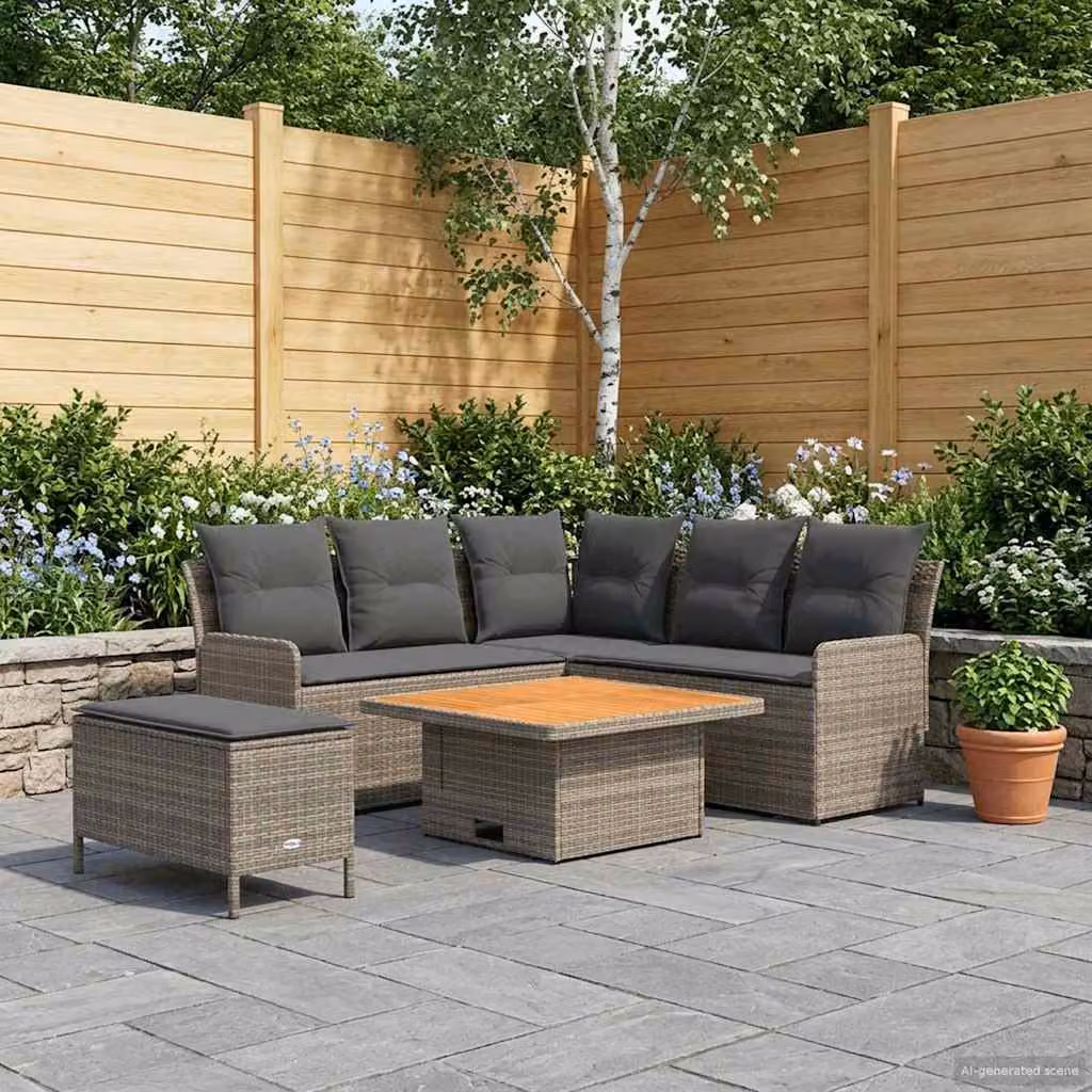 Set di mobili da giardino vidaXL in rattan e legno di acacia, 5 pezzi, design moderno a L con sedute imbottite e cuscini, colore grigio e antracite