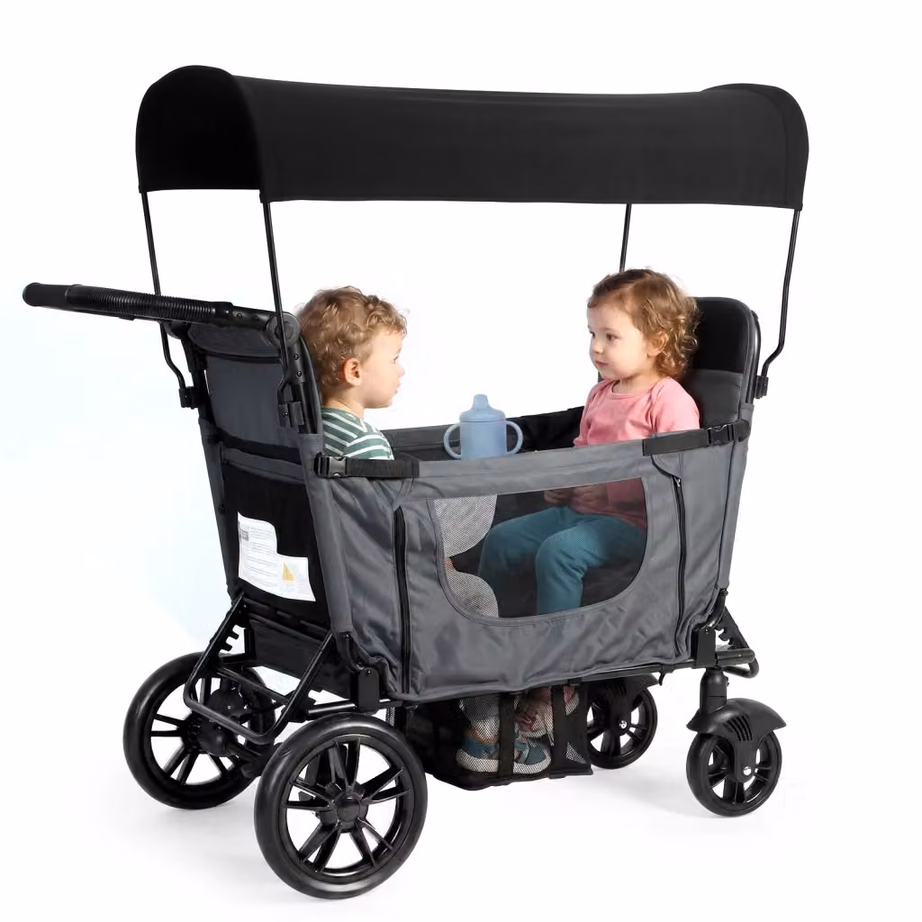 Carrello pieghevole per due bambini convertibile in passeggino e lettino, colore grigio scuro – 2