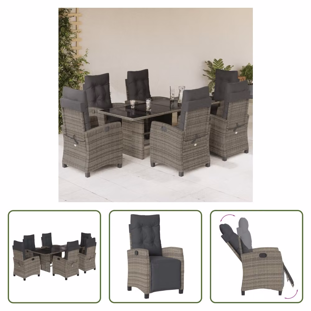 The Living Store Set da pranzo da giardino 7 pezzi con cuscini in poly rattan grigio