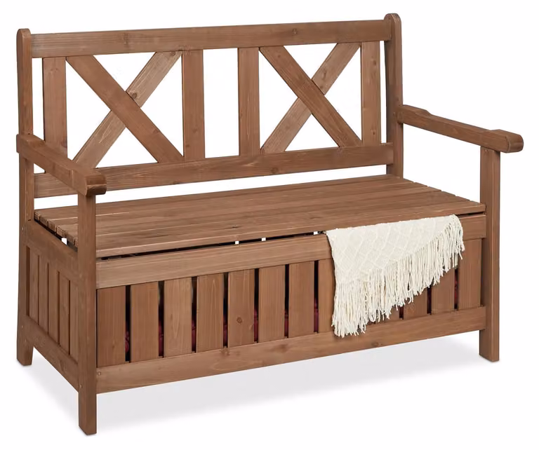 Panchina da giardino con contenitore in legno - 2 posti - 85 x 115 x 60 cm - Pino - Con schienale - Marrone scuro