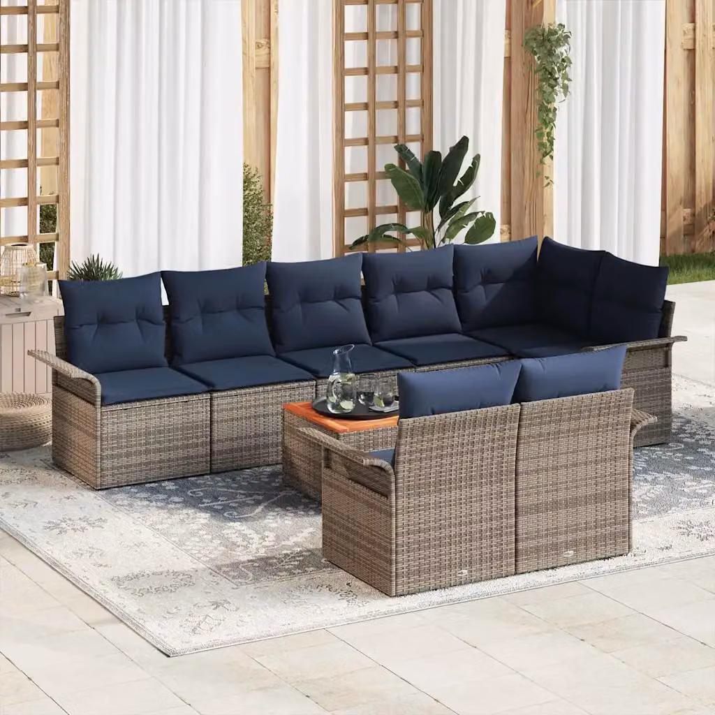 Set Divano da Giardino vidaXL 9 pz a Forma a L con Tavolino, Colore Grigio e Blu, Struttura in Acciaio e Polyrattan con Cuscini Inclusi