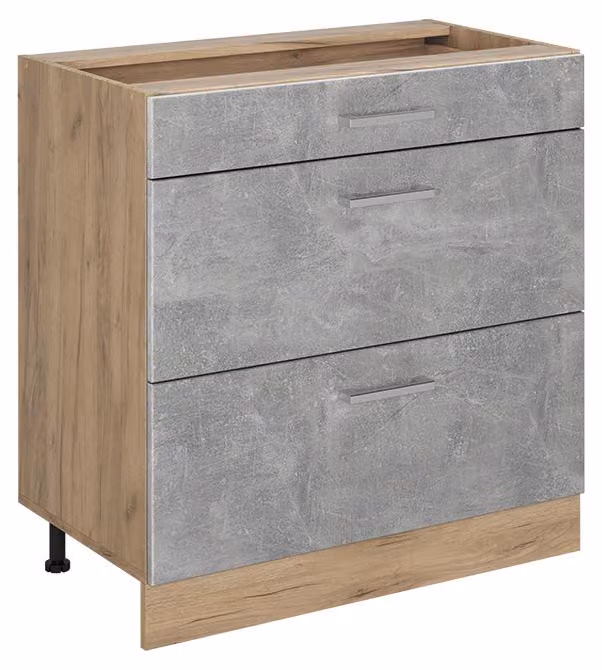Mobiletto base per cucina Vicco R-Line Calcestruzzo/Rovere dorato 80 cm con 3 cassetti senza piano di lavoro, Model 72431