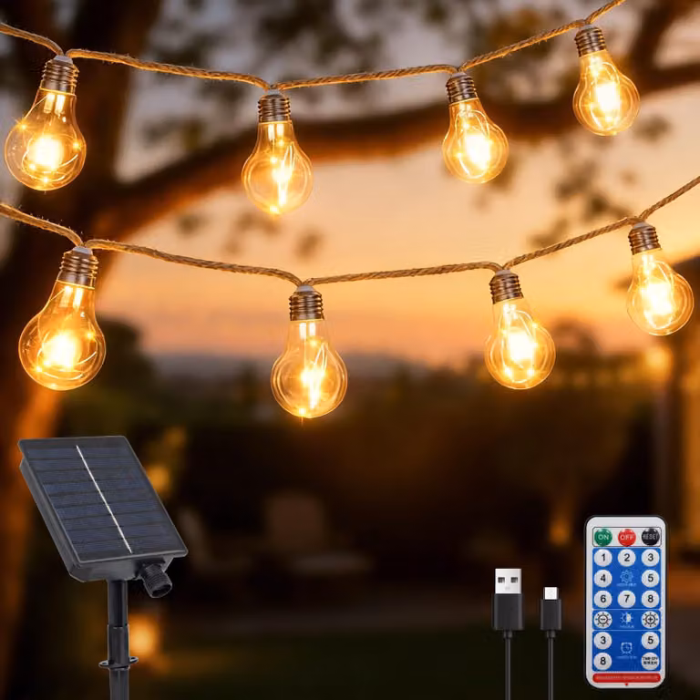 Catena luminosa solare con cavo in canapa, 10 metri, 20 LED S17, luce bianco caldo, grado di protezione IP65