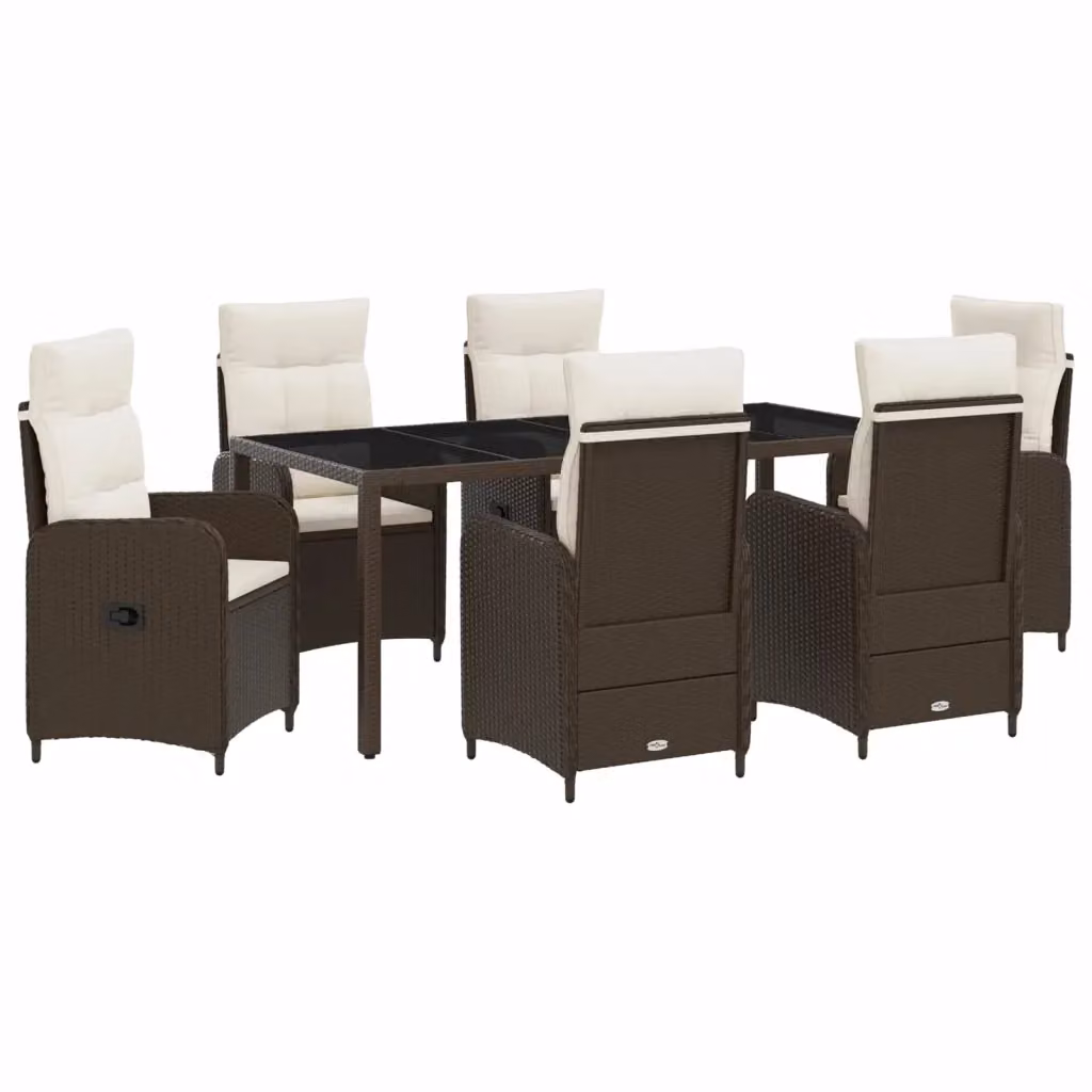 Set da pranzo per esterni vidaXL in rattan marrone e bianco con tavolo rettangolare in vetro, 7 pezzi – 2