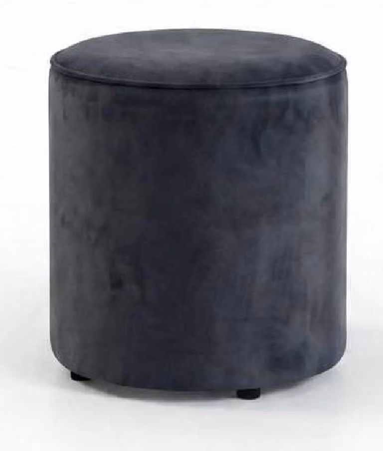 Pouf da pavimento grigio, moderno ed elegante, rivestito in velluto, forma rotonda