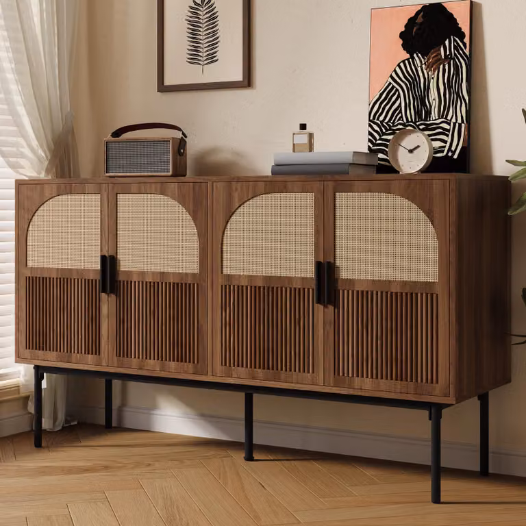 Credenza moderna Merax in rattan e legno di noce, credenza a 4 ante, cassettiera per il soggiorno, noce