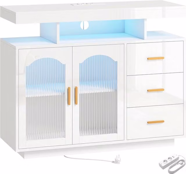 Madia Lucida HOMCOM Bianca con Illuminazione LED, Prese Integrate, 3 Cassetti e 2 Ante in Acrilico