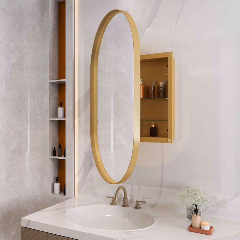 Zimilo Armadio a specchio ovale, armadietto dei medicinali, telaio in metallo, da parete e da incasso, armadio da bagno con specchio, ripiani regolabili, spazio contenitivo per il bagno, oro