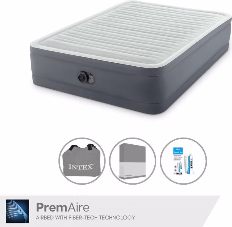 Intex Airbed - 2 persone - 152 x 203 x 46 cm - Grigio - Con pompa, lenzuola antracite e kit di riparazione