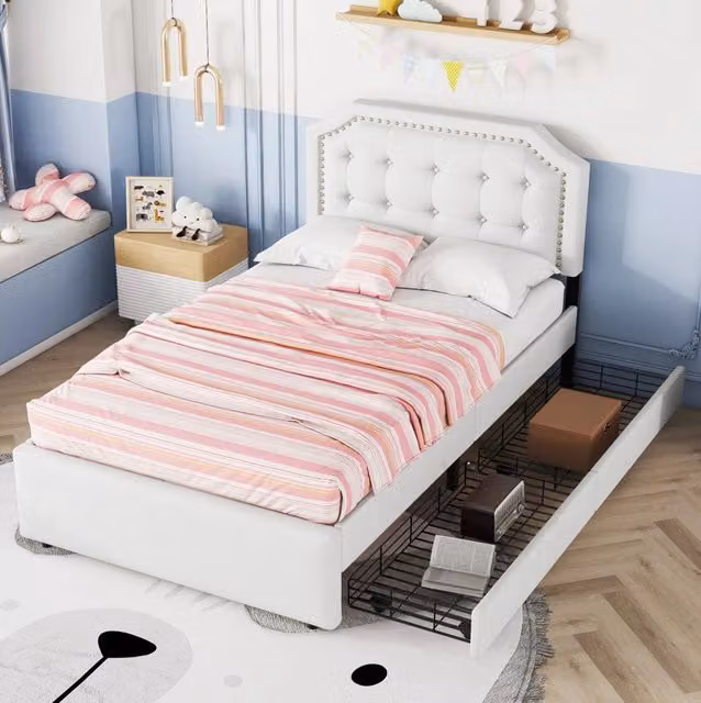 Letto imbottito 90x200 cm in MDF beige chiaro con 2 cassetti e testiera regolabile