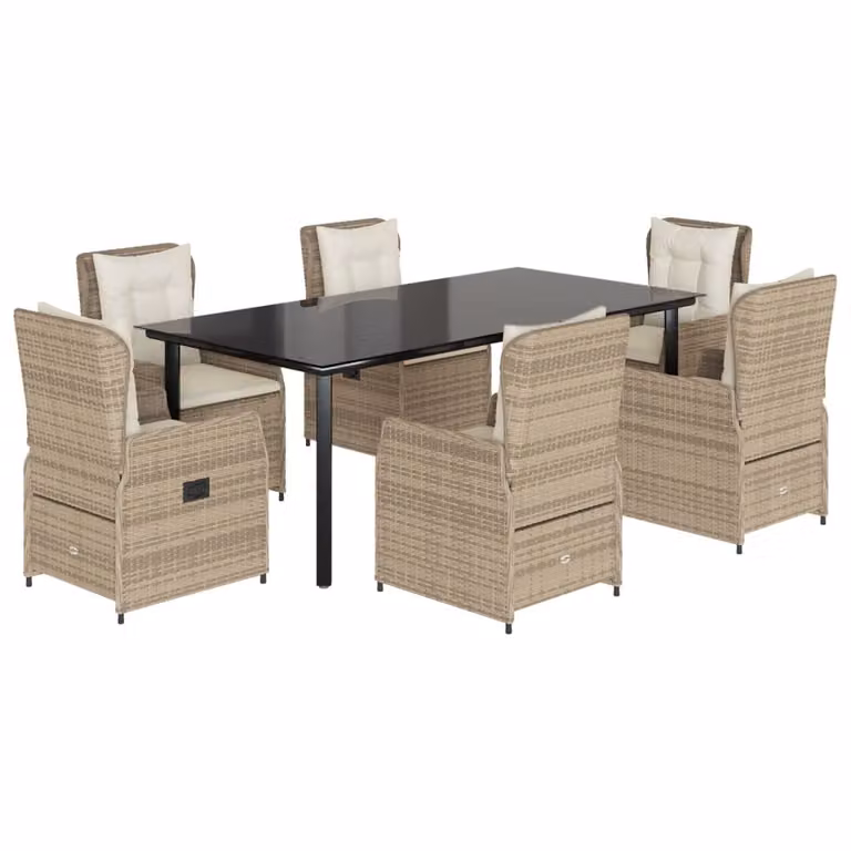 Set da Pranzo da Giardino 7 pz con Cuscini Beige in Polyrattan