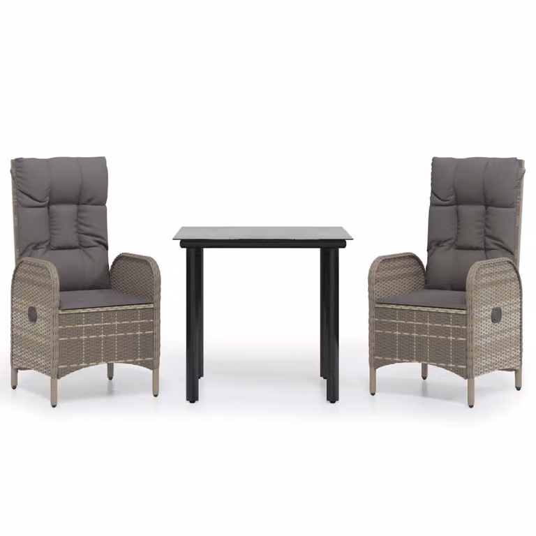 set da pranzo da giardino 3 pezzi con cuscini in poly rattan nero e grigio