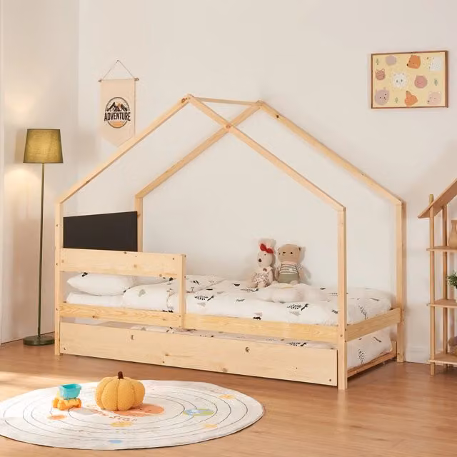Letto Casetta Sodankylä en.casa in Legno di Pino con Secondo Letto Estraibile per Cameretta Bambini, Disponibile in Bianco o Nero, L/P/H: 209 x 90 x 170 cm