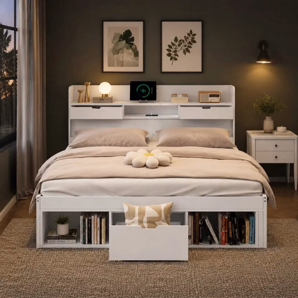 Letto REDOM moderno per bambini in legno e tessuto bianco con cassetti e porta USB L/P/H: 140 x 190 cm – 2