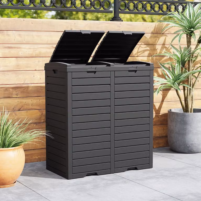 Bidone della spazzatura da esterno Costway da 235L con doppio secchio impermeabile e coperchio a ribalta in plastica, Nero