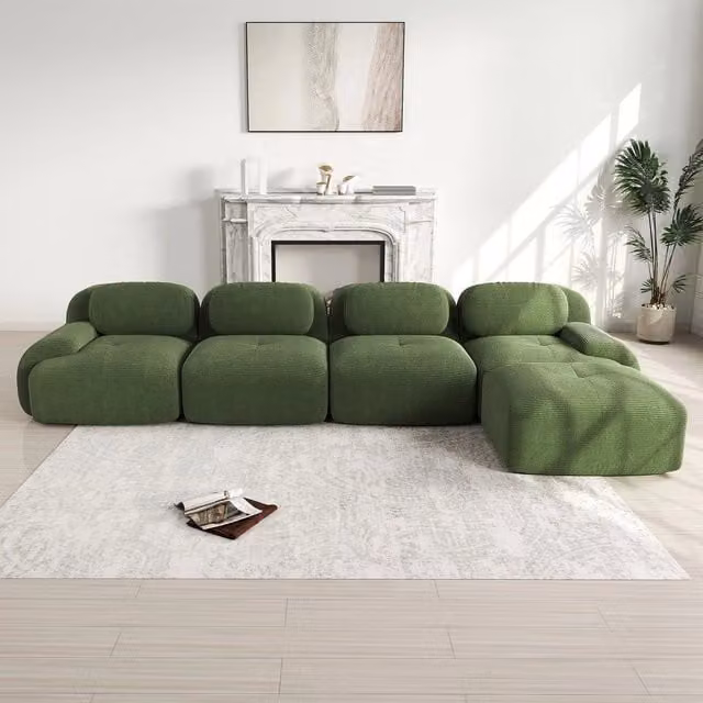 Divano angolare 4 posti con chaise longue ¨C Minimal ¨C verde imbottito braccioli larghi senza montaggio