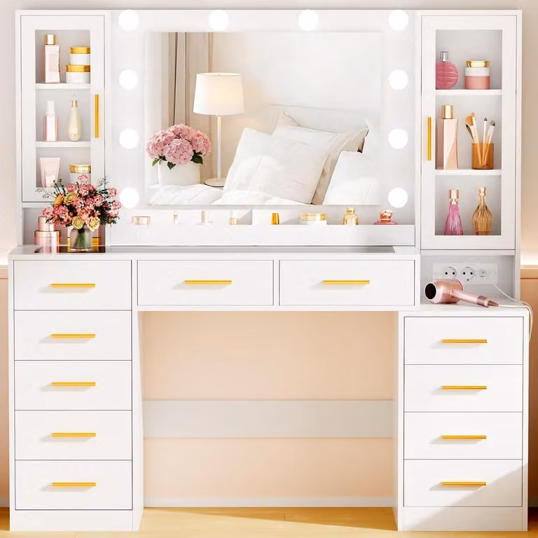 Comò da trucco bianco, 135 cm, con specchio e illuminazione a LED, piano in vetro, presa di corrente e 11 cassetti