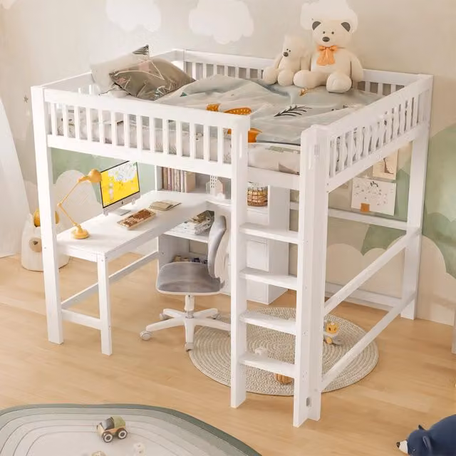 Letto a soppalco 140 × 200 cm con scrivania, 3 cassetti e mensole, senza materasso, in pino bianco