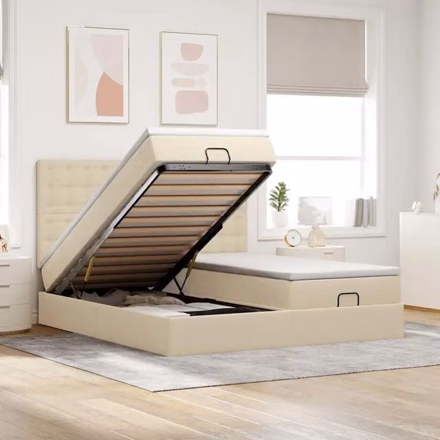 Letto con contenitore a sollevamento vidaXL in tessuto beige e bianco L 160 x P 200 cm
