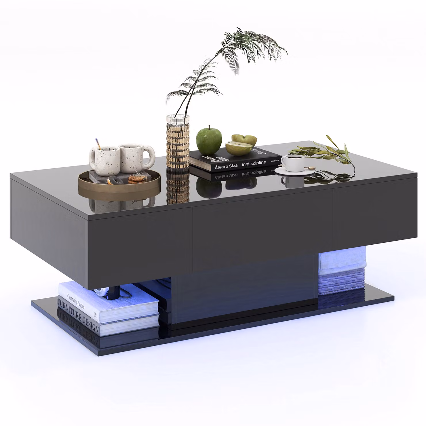 Tavolino COSTWAY con illuminazione LED a luminosità regolabile, tavolino da salotto con 2 cassetti, tavolino con telecomando, 110x60x40cm nero