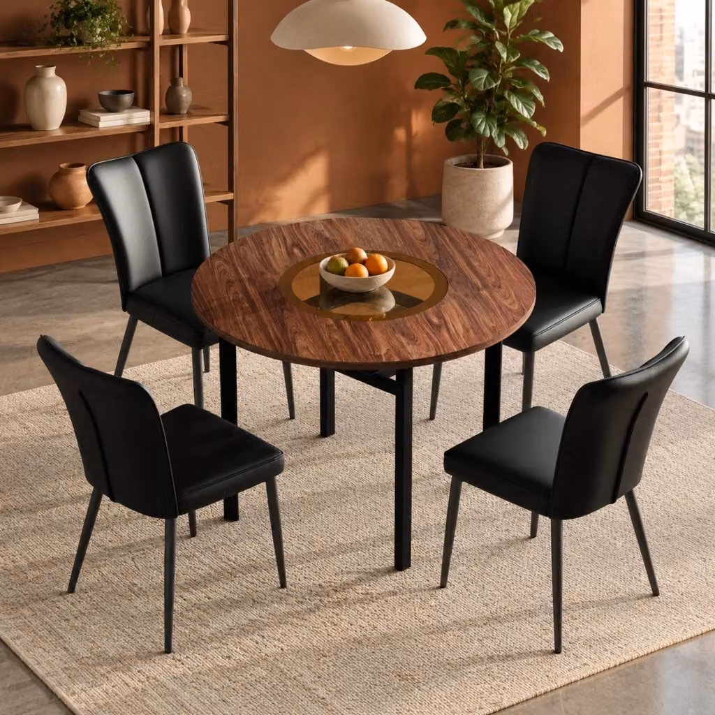 Set da pranzo MIVRAY composto da tavolo rotondo in MDF e 4 sedie in similpelle PU nei colori marrone e nero – 2