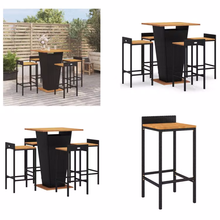 vidaXL Set bar da giardino 5 pezzi in poly rattan nero e legno massiccio di acacia - Set bar da giardino - Set bar da giardino - Set bar da giardino - Bar da giardino