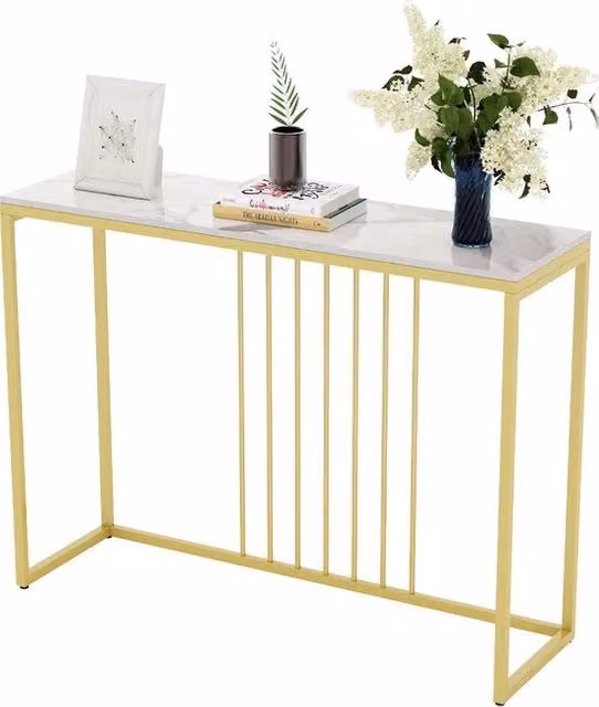 Console da soggiorno - Tavolo da parete - Tavolo per angolo - Console - Scrivania da parete - Tavolo per bar - Tavolo da appendere - Tavolo da bar - Superficie in marmo bianco - Cornice in oro - 100 x 300 x 78.5cm