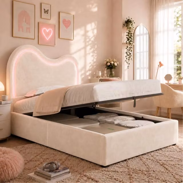 Letto singolo imbottito per bambini 90x200 cm con contenitore idraulico; rete a doghe e LED; beige