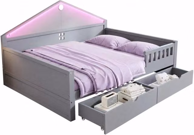 Letto matrimoniale 140x200 cm con LED e 2 cassetti in legno massello e MDF; grigio