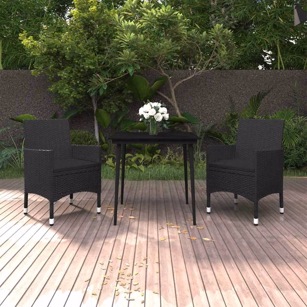 Set da pranzo da giardino vidaXL in polyrattan e vetro nero con 3 pezzi e cuscini