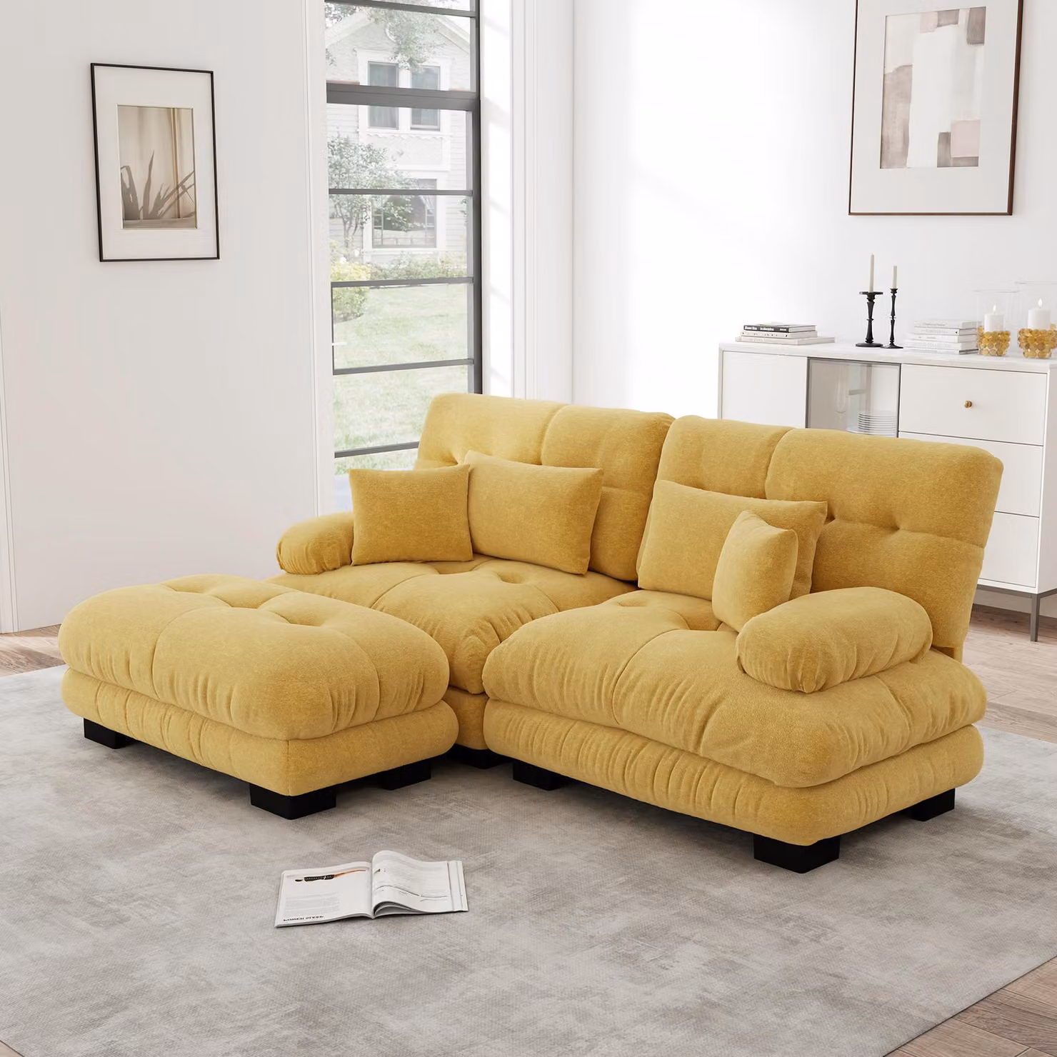 Divano angolare imbottito, tessuto in chenille, 2 cuscini lombari, 2 cuscini decorativi, braccioli ampi, poggiapiedi (giallo)