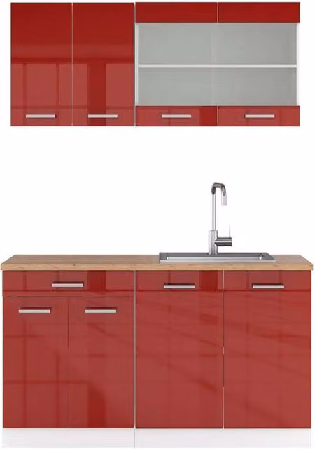 Cucina monoblocco R-Line Rosso lucido/Bianco 140 cm, PL Rovere Vicco