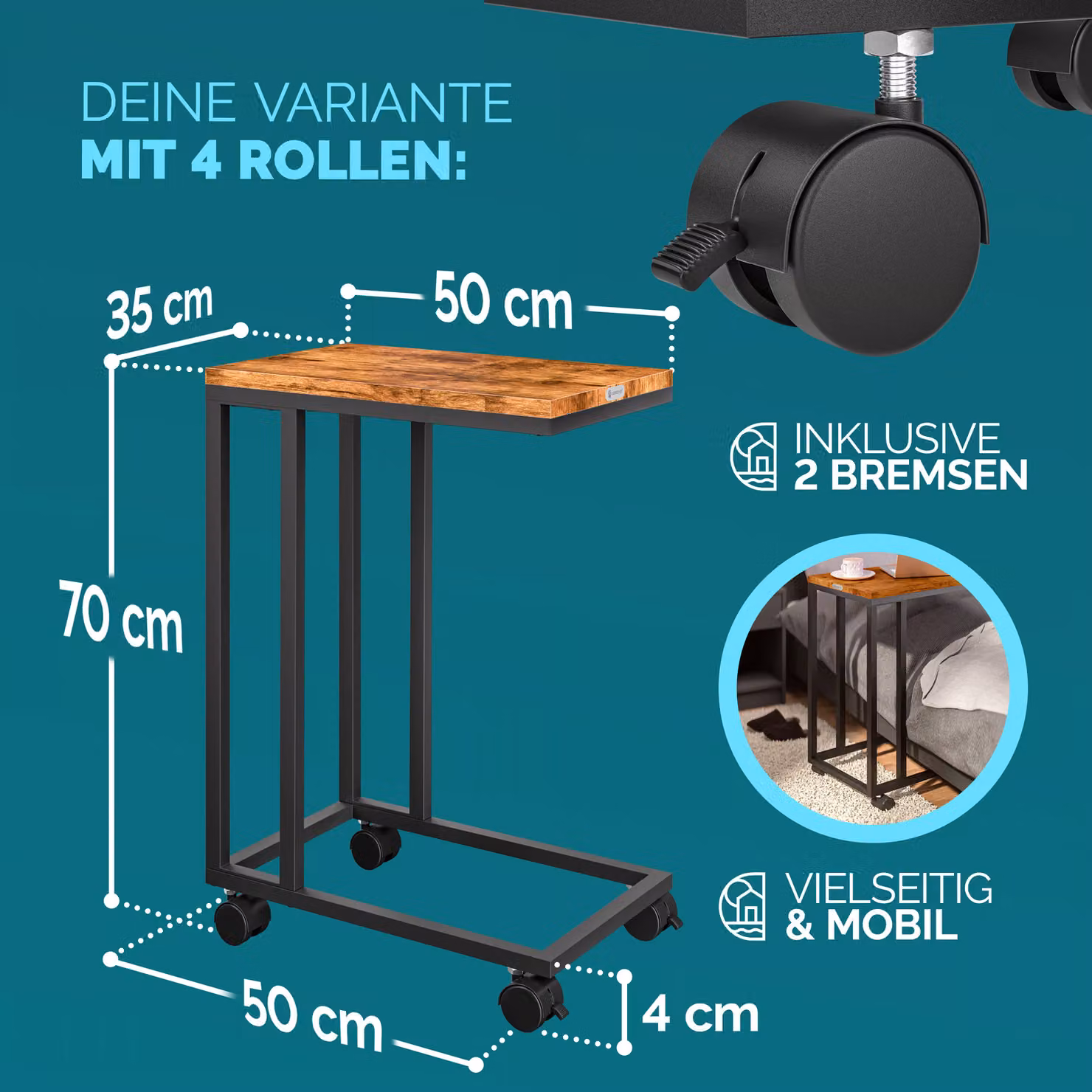Tavolino da salotto moderno Casaria® nero con ruote e altezza regolabile L: 50 cm, P: 35 cm, H: 65-70 cm – 3