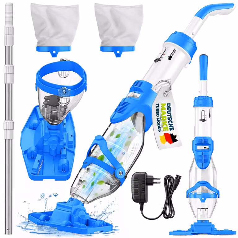 tillvex aspirapolvere blu/bianco con batteria ricaricabile e asta telescopica + filtro di ricambio fino a 15 m³ | aspirapolvere elettrico per piscine | pulitore per piscine con filtro e 60 minuti di autonomia | set di pulizia aspirapolvere portatile senza